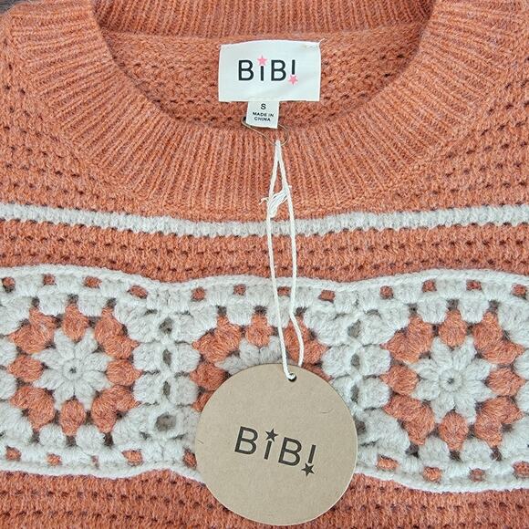 BiBi Short Puff Sleeve Retro Boho Orange Crochet Sweater Sz S NEW Cottagecore - Picture 5 of 10